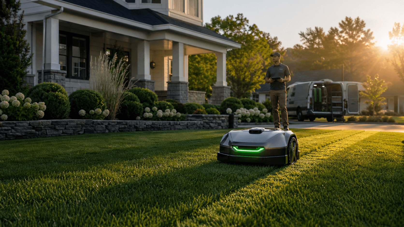 Autonomous robotic mower cutting a residential lawn